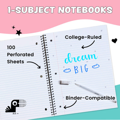 Yoobi College Ruled 8 x 10.5” Spiral Notebook Set – Bulk 6-Pack of 1 Subject Notebooks, Variety of Cute Designs – 100 Perforated 3-Hole Punched Sheets, For School, Office & Home