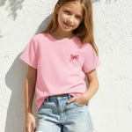 PATPAT Girls T Shirts Size 8-9 Years, Pink Bow Print Graphic Tees Crew Neck Short Sleeve Shirts Kawaii Clothes Big Sister Outfit Dance Tops