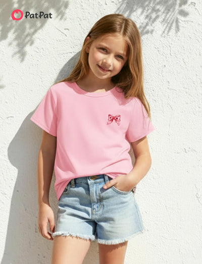 PATPAT Girls T Shirts Size 8-9 Years, Pink Bow Print Graphic Tees Crew Neck Short Sleeve Shirts Kawaii Clothes Big Sister Outfit Dance Tops