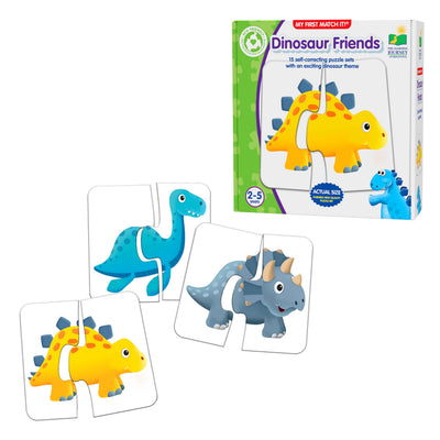 Dinosaur-themed puzzle set with packaging on a white background