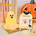 Halloween Baby Footprint Kit Wood Newborn Handprint Sign with Base Baby's First DIY Halloween Keepsake Our Little Boo Board for Baby Boy Gifts (A)