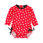RuffleButts Baby Girls UPF 50+ Sun Protection Polka Dot Long Sleeve One Piece Rash Guard Swimsuit with Zipper - Red Vintage Polka, 3T