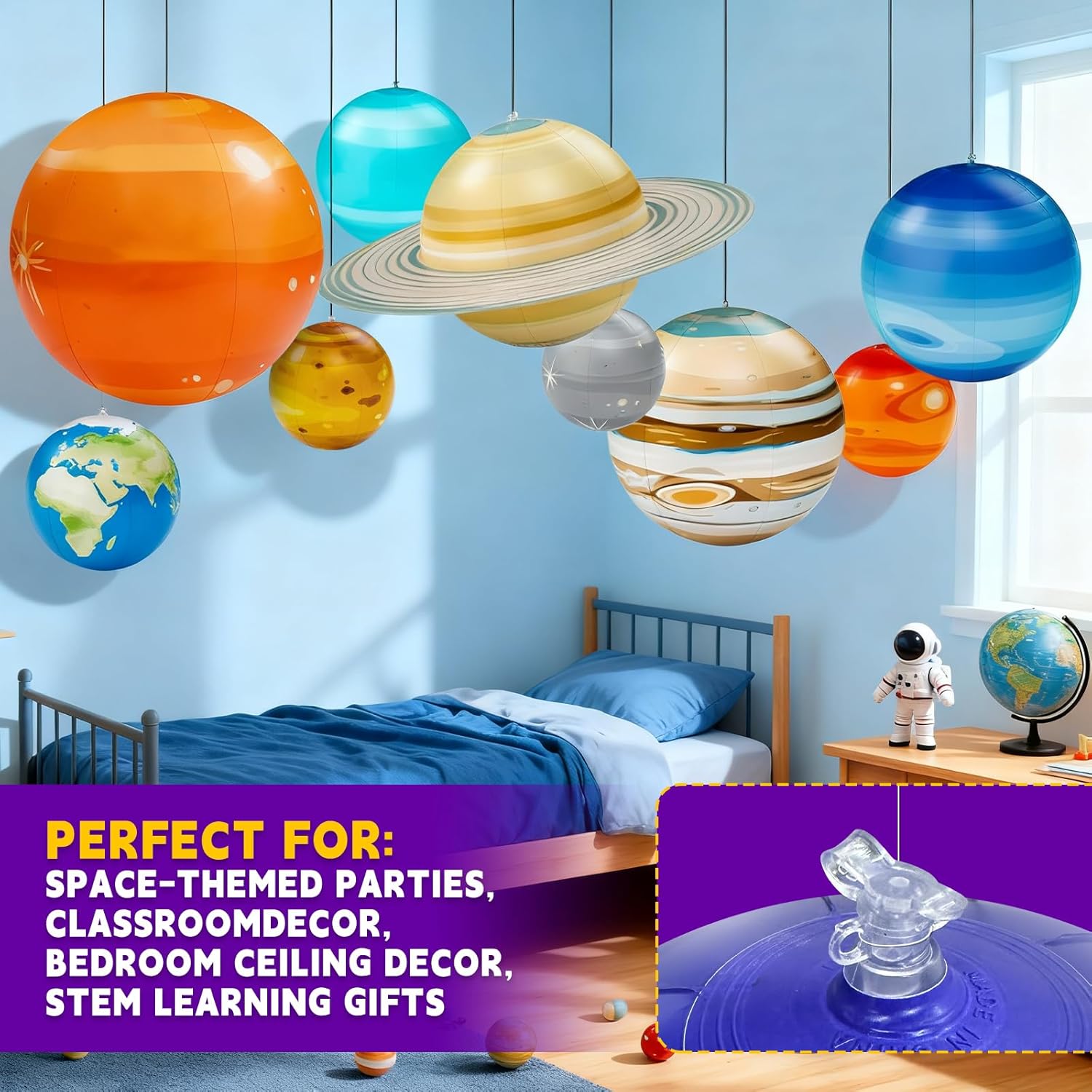 Inflatable Solar System Planets for Kids - 9 Giant Hanging Planets for Science Classroom Ceiling & Boys Room Decor, Space Themed Party Decorations Supplies with Pump, Astronomy Gifts for Ages 6-12