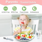 Baby Feeding Set| 2 Pack Stainless Steel Divided Suction Plate, 2 Set Toddler Spoons & Forks|BPA&LFree, Baby Led Weaning Supplies for Toddler Utensils Baby Feeding Essentials,grey blue