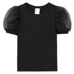 PATPAT Girls Puff Sleeve Shirt Size 8-9 Ribbed Short Sleeve Black Mesh Shirt Girls Black Dress Blouse Back to School Clothes Smocked Blouse Summer Tops