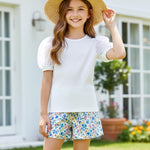 PATPAT Girls Puff Sleeve Shirt Size 5-6 Ribbed Short Sleeve White Lace Shirt Girls White Dress Blouse Back to School Clothes Smocked Blouse Cute Tops