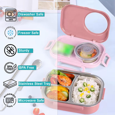 Stylish Kitchen Kids Bento Lunch Box with Bag – Leakproof Stainless Steel Bento Box for School, 3 Compartments, Soup Bowl, Spoon & Chopsticks, Lunchbox Set for Girls & Boys (Blue)