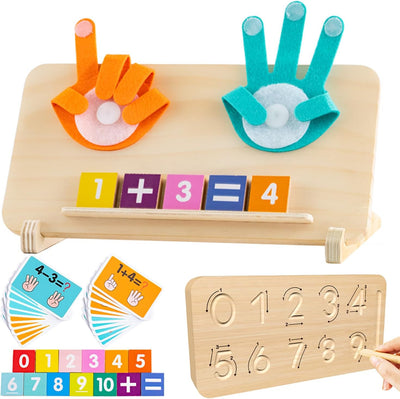 Educational math toy with number cards and hands on a wooden board