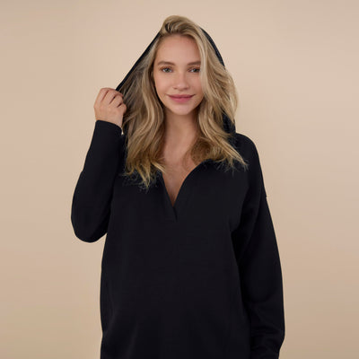 Motherhood Maternity Women's Long Sleeve V-Neck Scuba Pullover Nursing Hoodie, Black, Medium