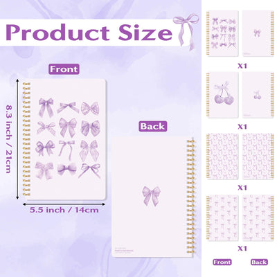 CNhoqc Purple Spiral Journal Notebook - 4 Pcs A5 Purple Watercolor Coquette Bow Cherry Lined Pages Hardcover Spiral Bound Journal Subject Notebook Work School Note Taking Women Men Removable Dividers