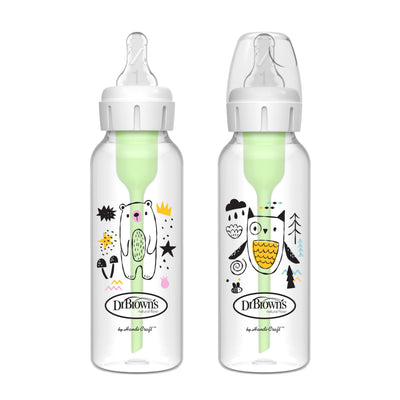 Two Dr. Brown's baby bottles with cartoon designs on a white background