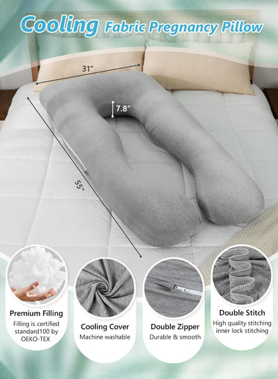 Meiz Pregnancy Pillows, Rayon Cover from Bamboo Pregnancy Pillows for Sleeping, Cooling Maternity Pillow for Pregnant Women, 55 Inch U Shaped Body Pillows for Adults, Grey