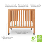 Newton Baby Galileo Mini Crib Solid Beech Wood with Wheels in Chestnut Color, Mini Crib Mattress Included, Adjustable Mattress Height, Ultra-Safe Non-Toxic Finish