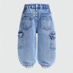 Ltvoo Toddler Boys Cargo Denim Pants Elastic Waist Straight Wide Leg Baggy Jeans Casual Loose Kids Clothes for 6M-3Y (9-12M)