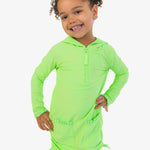RuffleButts Girls UPF50+ Sun Protective Ruched Quarter-Zip Cover-Up - Neon Honeydew, 3-6m
