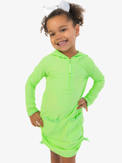 RuffleButts Girls UPF50+ Sun Protective Ruched Quarter-Zip Cover-Up - Neon Honeydew, 3-6m