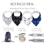 Dodo Babies Bandana Drool Bib Set – Four 100% Cotton Bibs with Soft Polyester Lining, 2 Pacifier Clips, Binky Case, Navy Dot Gift Bag for Baby Girl or Boy Shower – Adjustable Snap Fit for 3-24 Months