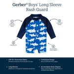 Gerber Baby Boys Toddler Long Sleeve One Piece Sun Protection Rashguard Swimsuit, Blue and White Sharks, 2T