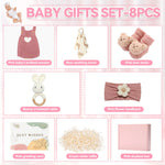 Gift Set for Newborn Shower Gifts Basket Pink New Born Essentials with Knitted Sweater Infant Rattle Socks Bear Blanket Flower Headband Greeting Box for Babies Gender Reveal Party