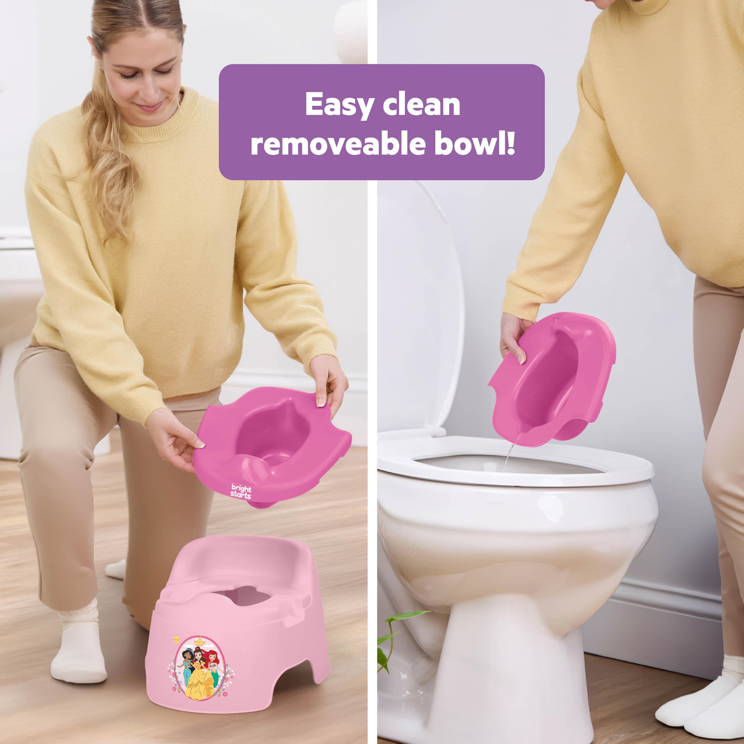 Bright Starts Disney Princess Full Comfort Potty Training Toilet, Easy Clean Removable Bowl, Splash Guard, High Back for Comfort & Stability, Toddlers up to 50 lbs
