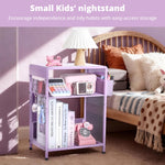 ECOLOVI Kids Nightstand 19in High for Floor Beds, 3-Tier Metal Small Bedside Table with Adjustable Storage Shelf, Basket & 3 S-Hooks, Low Nightstand for Nursery, Toddler Bedroom (Purple)