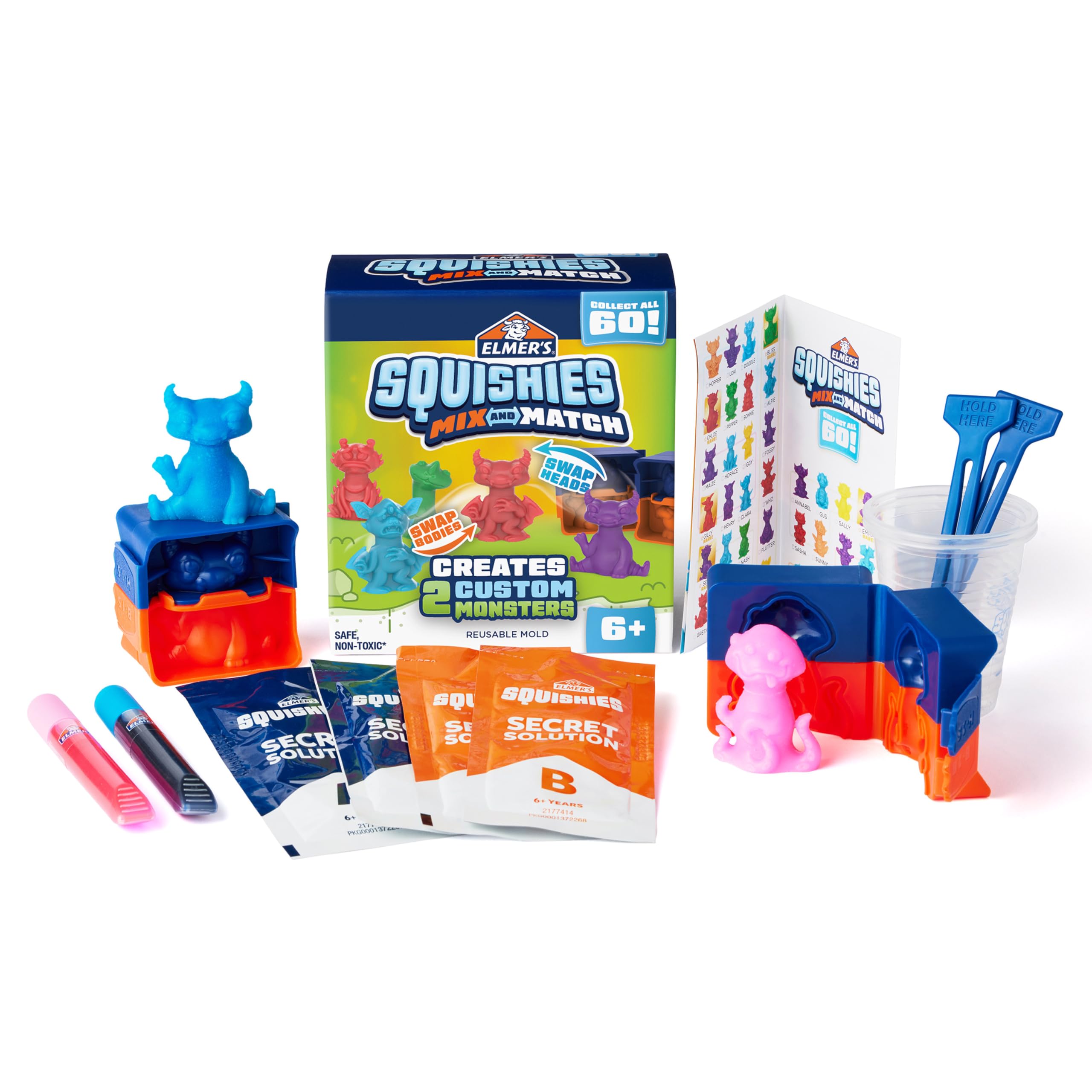 Elmer’s Squishies Kids’ Activity Kit, DIY Squishy Toy Kit Creates 2 Mystery Characters, 12 Piece Kit