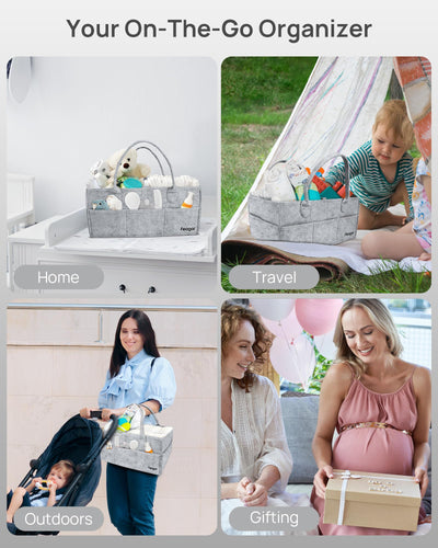 Feagar Baby Diaper Caddy Organizer, 15 Inch Large with 8 Pockets & 2 Dividers, Portable Nursery Storage Basket & Car Organizer for Changing Table, Travel (Grey)