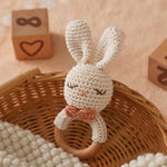 Natural Hand-Knit Wooden Baby Rattle - Soft Animal Shaped Sensory Toy for Newborns, Infants | Safe Beechwood & Crochet Texture | Perfect Baby Shower Gift