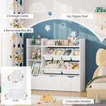 FACBOTALL Toy Storage Organizer with 3 Movable Drawers, Bookshelf and Bookcase with 6 Plastic Bins & 2 Storage Cubbies, Toy Chest with Hidden Wheels, Toy Storage Box for Playroom, School, White