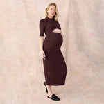 Motherhood Maternity Women's Elbow Sleeve Ribbed Mock Neck Maxi Pregnancy Dress, Tawny Port, Small