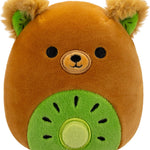 Plush toy resembling a kiwi bird with a bear's face on a white background
