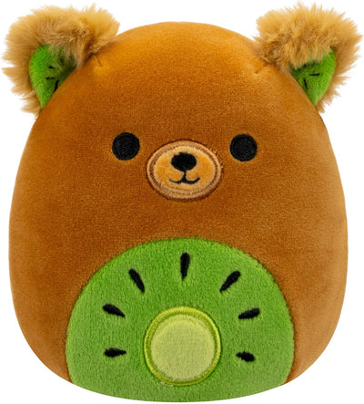 Plush toy resembling a kiwi bird with a bear's face on a white background