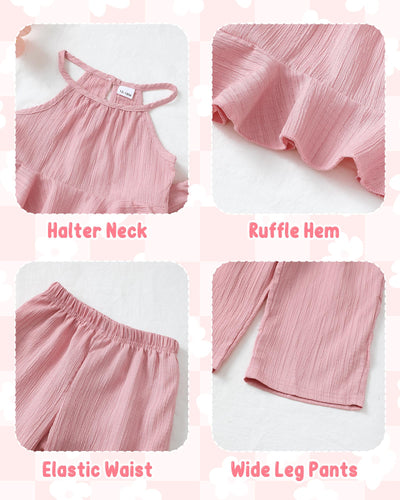 Toddler Clothes 2t 3t Girl Summer Clothes Kids Cute Pink Halter Crop Tops High Waist Pants Toddler Girl Summer Outfits Children Matching Clothing Set