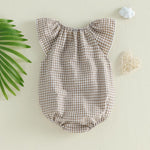 Karuedoo Newborn Infant Baby Girl Clothes Gingham Ruffle Sleeve Bubble Romper Plaid Bodysuit One Piece Summer Outfit (A-Khaki, 3-6 Months)