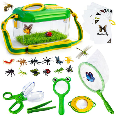 YongnKids Bug Catcher for Kids,28 Pcs Bug Catching Kit with Butterfly Net Magnifying Glass Insect Catcher Tweezers, Insects & Insect Cognition Cards,Outdoor Explorer Kit for Kids Age 3 4-8