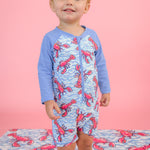 RUGGEDBUTTS Baby/Toddler Boy Swimsuit, One Piece Zipper Rash Guard Sunsuit with UPF 50+ Sun Protection - Blue Lobster Lagoon, 12-18m
