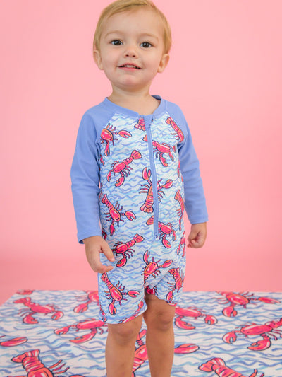 RUGGEDBUTTS Baby/Toddler Boy Swimsuit, One Piece Zipper Rash Guard Sunsuit with UPF 50+ Sun Protection - Blue Lobster Lagoon, 12-18m