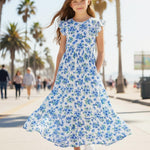 PATPAT Tween Dress for Girls Summer Maxi Long Casual Beach Big Girl Junior Cute Dresses Hawaiian Blue White Floral Size 12-13