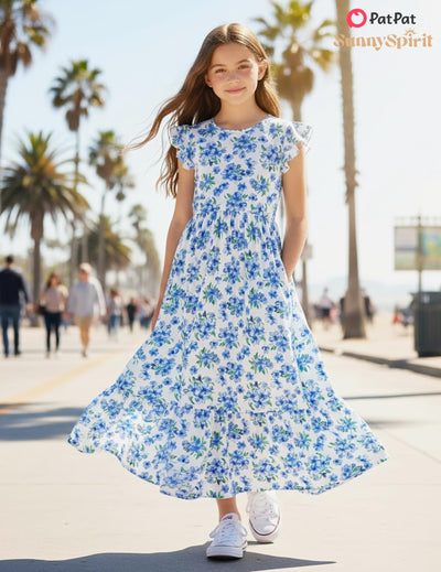 PATPAT Tween Dress for Girls Summer Maxi Long Casual Beach Big Girl Junior Cute Dresses Hawaiian Blue White Floral Size 12-13
