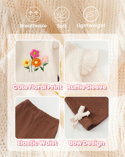 Kucnuzki 3-6 Month Baby Girl Clothes Long Sleeve Round Neck Shirts Cute Floral Tops Brown Flare Leggings Bell Bottom Knit Pants 2 Piece Infant Baby Outfits