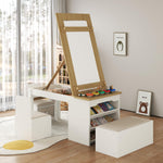 Art Kids Table and Chair Set with Storage - Child Table and Chair Set w/ Easel, Open Shelves, Paint Cups, Paper Roll, Toddler Play Table w/ Bench & 2 Chairs, Art Desk for Kids Draw, Craft (Natural)