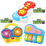 Portable Set of 3 Baby Music Toys (Piano, Bongo Drums, Guitar) - Music Learning and Entertainment for Ages 6 Months to 4 Years. Includes All 6 Batteries. Press Any Key Auto On for Babies.