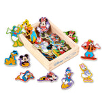 Wooden Disney character puzzle with pieces displayed on a white background