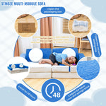 Stmoze 13PCS Modular Kids Play Couch, Kids Couch with Washable Velvet Cover, 5 Seconds Instant Expansion,Convertible Foam and Floor Cushion for Nursery Playroom, Blue & Beige