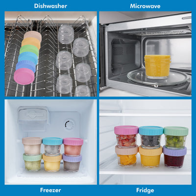 WILLDAN Glass Baby Food Storage Jars w/Lids (4 oz, 24 Pack Set) Snack, Puree, Reusable Small Containers, Breast Milk, Fridge or Freezer, Microwave & Dishwasher Safe, Essential Must Have for Infants