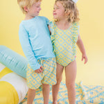 RUGGEDBUTTS Boys UPF50+ Stretch Neon Swim Trunks - Banana Coastal Charm, 3-6m