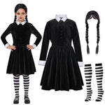 Spooktacular Creations Girls Collar Black Dress, School Girl Costume with Wig, Long Sleeve Velvet Skater Dress for Kids Toddler Halloween, Cosplay Themed Party (Medium, 8-10 yrs)