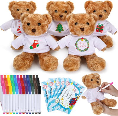 Set of teddy bears with Christmas-themed t-shirts, markers, and coloring sheets on a white background
