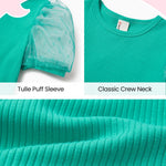 PATPAT Girls Puff Sleeve Top Size 9-10 Ribbed Short Sleeve Green Lace Blouse Girls Green Dress Shirt Cute Kids Clothes Smocked Blouse Cute Tops