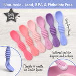 PrimaStella Silicone Chew Spoon Set for Babies and Toddlers | Safety Tested | BPA Free | Baby Spoon 6 Pack (Pink/Purple)